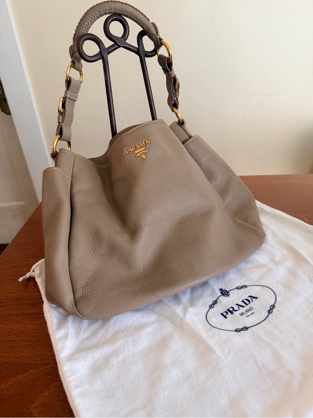 Prada Vitello Daino Side Pocket Hobo Taupe Pebbled Leather Gold Hardware